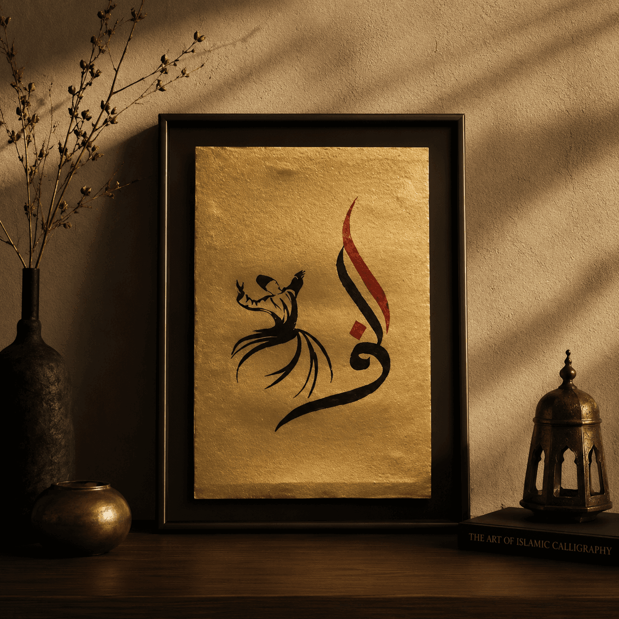 Gold calligraphic artwork titled Alif with a black whirling figure and rising red and black strokes
