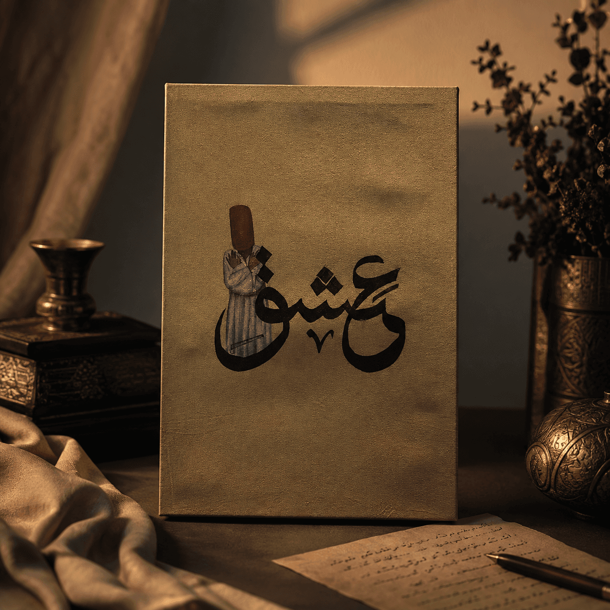 Gold textured artwork titled Ishq with bold black Urdu calligraphy and a whirling figure wearing a red hat