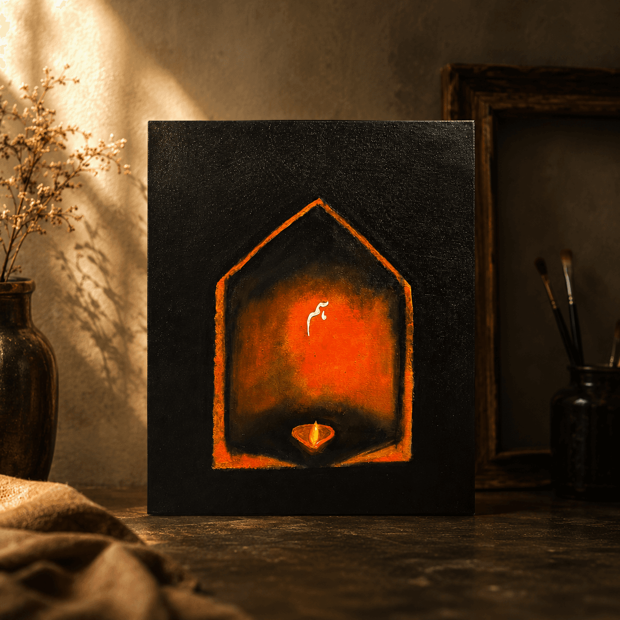 Black textured artwork titled Hum with a glowing amber arch, a small flame and white Urdu lettering