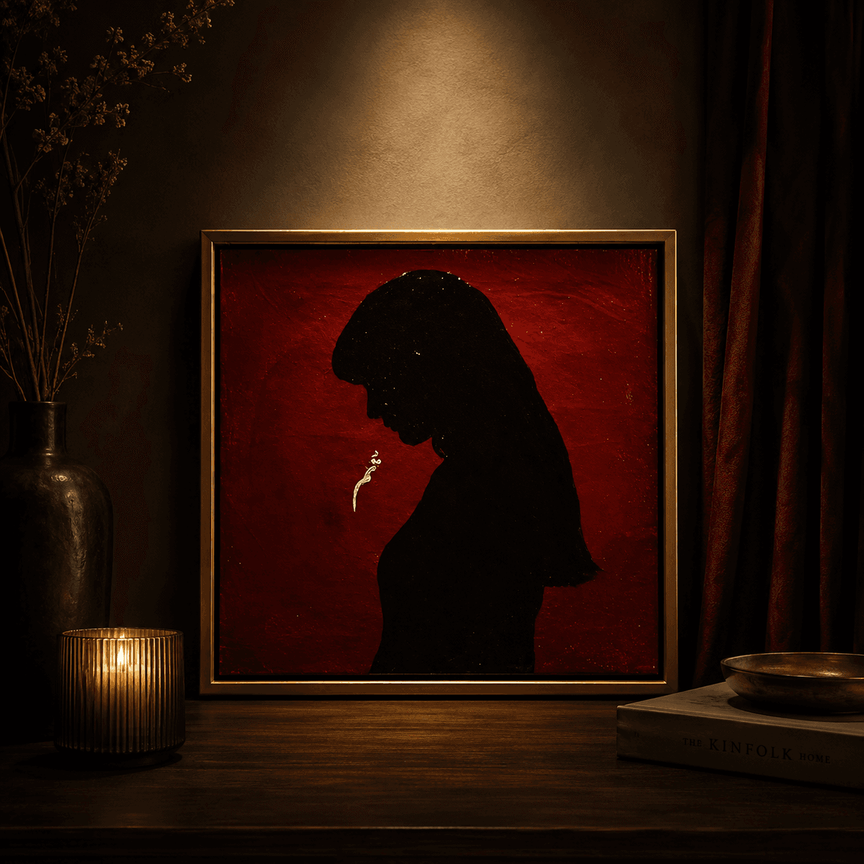 Crimson textured artwork titled Tum with a bowed black silhouette, tiny star-like marks and white Urdu lettering